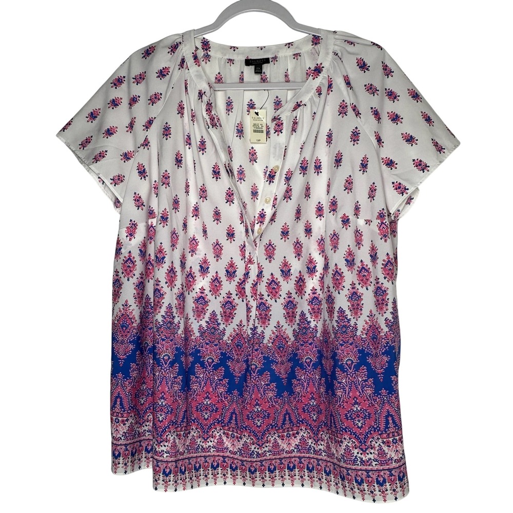 Talbots Woman Petites 1XP Blouse Pink Blue Medallion Print Short Sleeve Top NWT